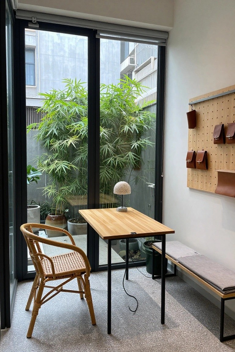 A compact home office featuring a light wood desk, rattan armchair, pegboard wall with leather pouches, and large sliding glass doors overlooking dense green plants in a courtyard.