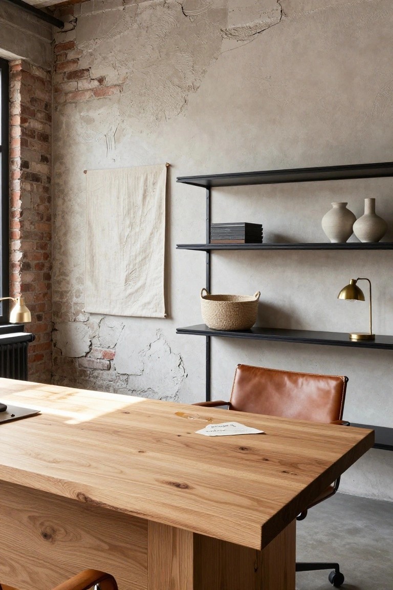 Home office interior with exposed brick and rough plaster walls, large light wood desk, tan leather chair on wheels, black metal shelving unit holding stacked books, ceramic vases, woven basket, and brass desk lamps.