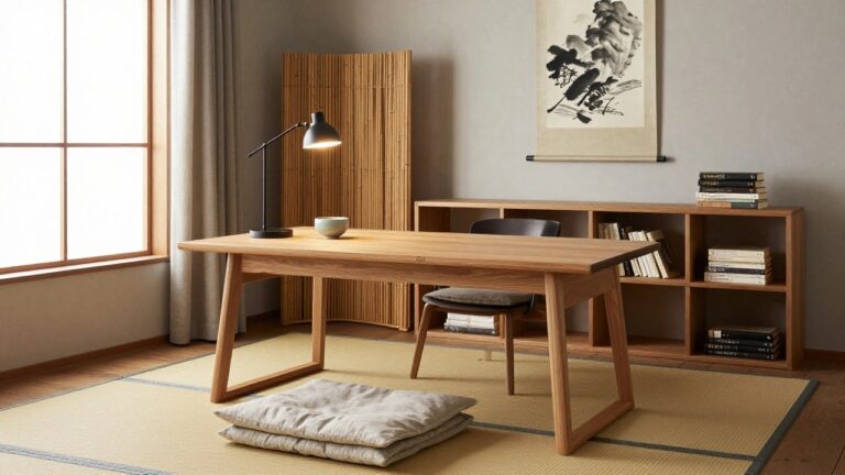 Minimalist home office corner with light wooden desk and chair on beige tatami mats with green borders, adjacent wooden shelving unit with books, adjustable black desk lamp, ceramic bowl on desk, and window with sheer white blinds.