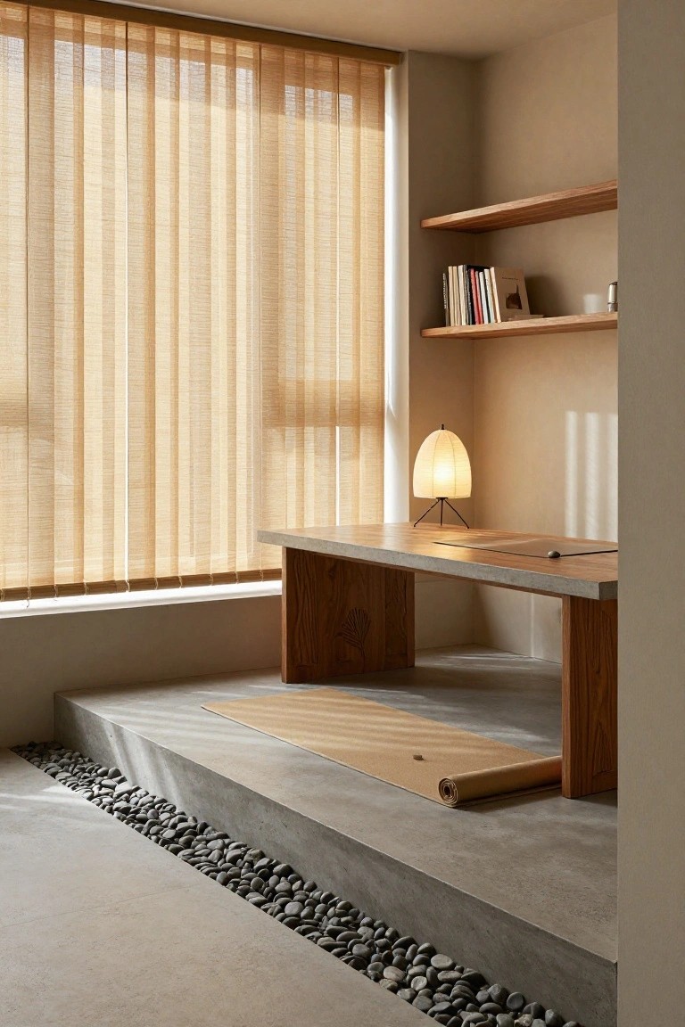 Minimalist home office interior with low wooden desk on raised concrete platform edged in pebbles, beige curtains over window, wooden shelves with books, tripod lamp with paper shade, and rolled mat on floor.