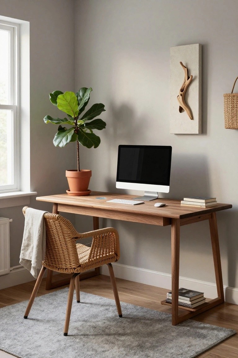 Home office featuring a light wooden desk with angled legs and integrated shelf, rattan armchair with draped throw, iMac monitor, keyboard, mouse, stacked books, large potted ficus plant, neutral gray walls, and window light.