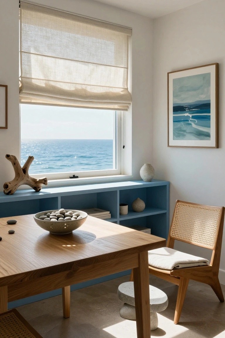 A minimalist home office featuring a light wood desk with a bowl of pebbles facing a large window with a view of the ocean, blue shelving unit, rattan chair, and natural decor like driftwood.