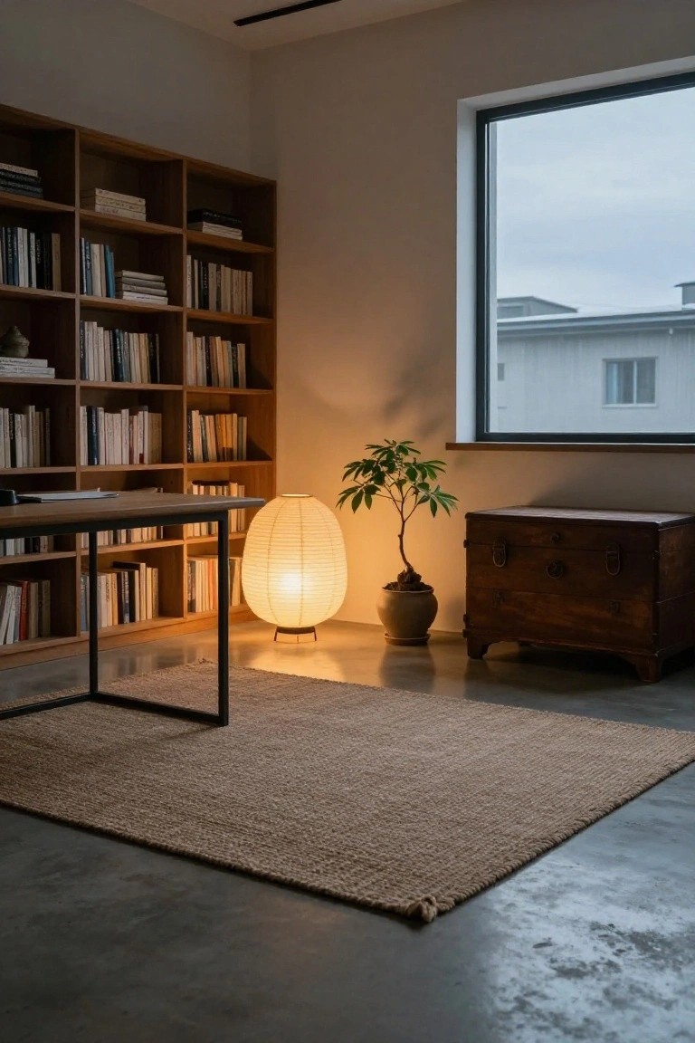 Modern home office interior with full wooden bookshelves lined with books, wooden desk with papers, large white rice paper lantern floor lamp, potted money tree plant, antique wooden chest, seagrass rug on polished concrete floor, and large window showing exterior buildings.