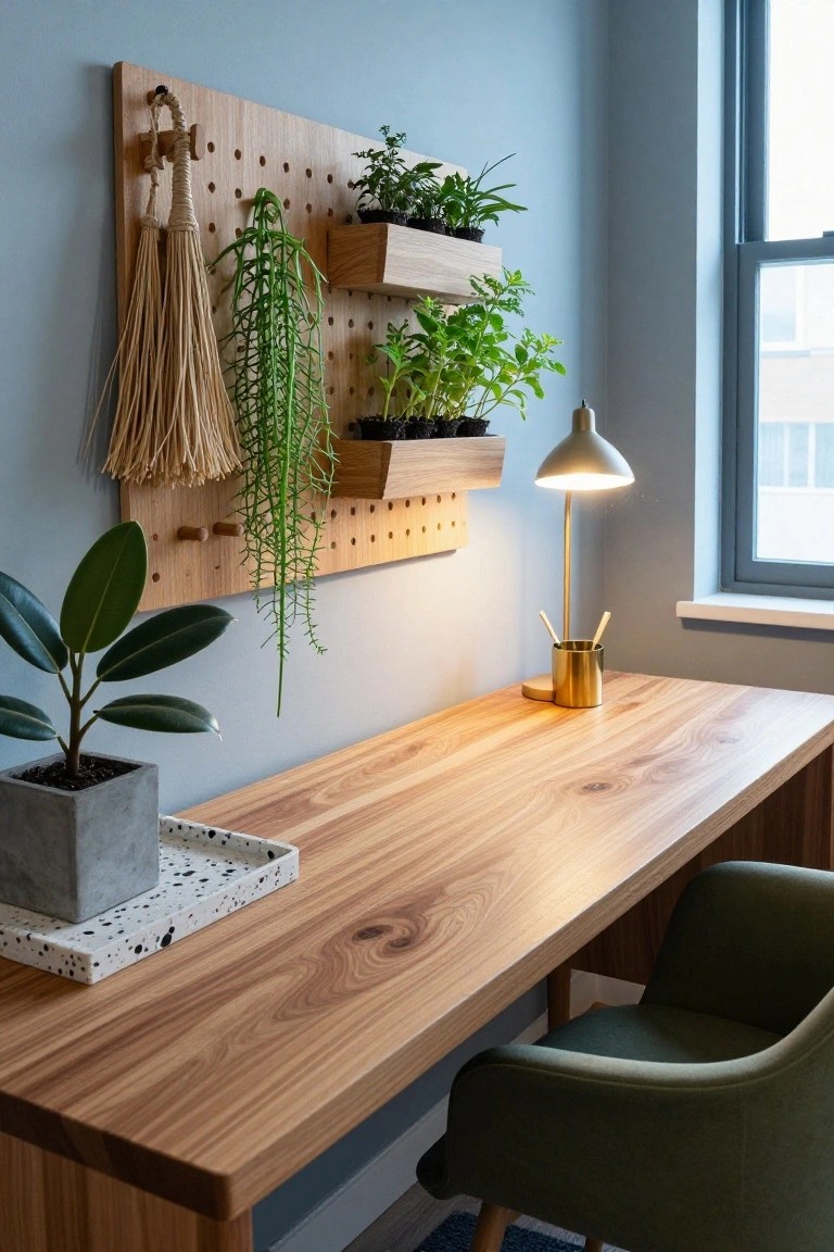 Wooden pegboard wall mounted above a light wood desk in a home office, holding multiple small planters with green plants and herbs, with a desk lamp, pen holder, and potted plant on the desk surface.