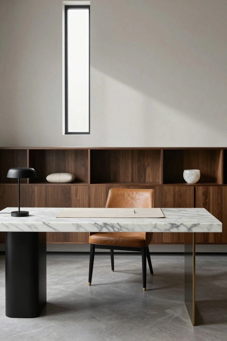 Home office with walnut wood open shelving and cabinets along the wall, white marble-top desk with black cylindrical legs and brass accents, tan leather chair, black desk lamp, tall narrow window, and light gray walls on polished concrete floor.