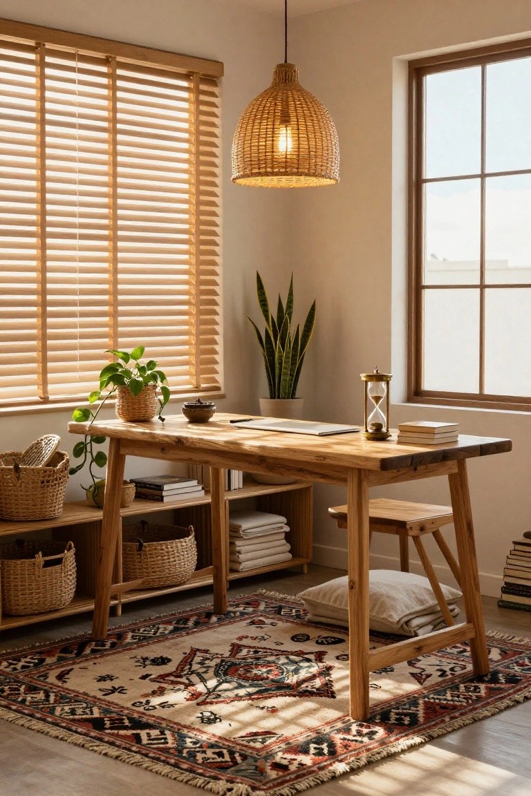 A sunlit home office corner featuring a light wooden trestle desk with integrated open shelving, a wooden stool, potted plants, rattan baskets, books, an hourglass, snake plant, wooden blinds, rattan pendant light, and patterned rug on wood floors.