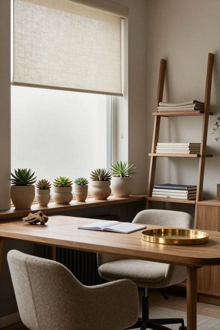Minimalist home office corner with light wooden desk holding an open notebook and gold tray, two beige upholstered chairs, wooden ladder shelf stocked with linens and books, and multiple potted succulents on the windowsill.