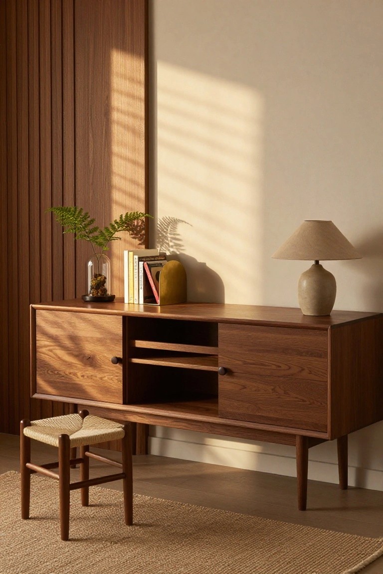 Wooden credenza with open central shelving and doors on sides, topped with books, glass-domed plant, and ceramic lamp, rush stool nearby, against slatted wood wall in beige room with rug on floor.