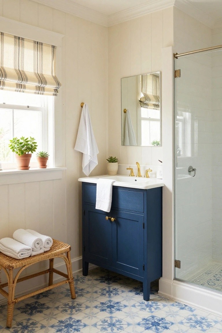 Bathroom with creamy white paneled walls, navy vanity, and blue tile floor.