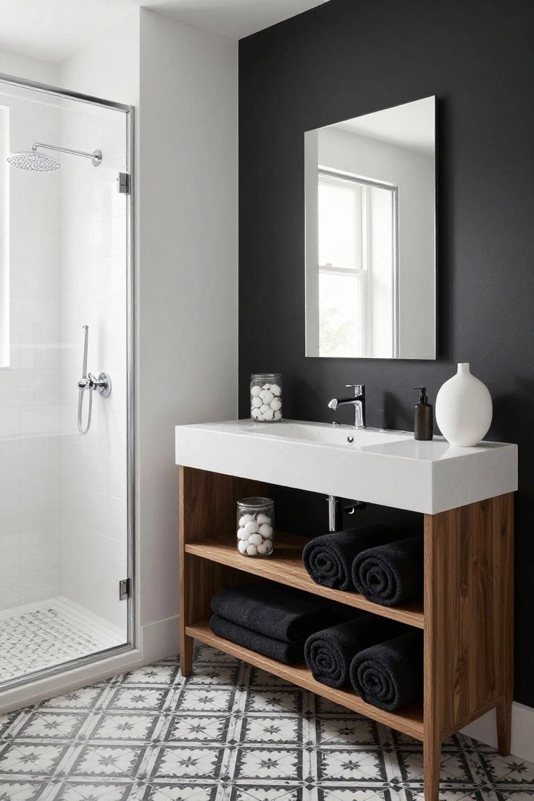 Dark gray accent wall in a bathroom with white vanity and glass shower