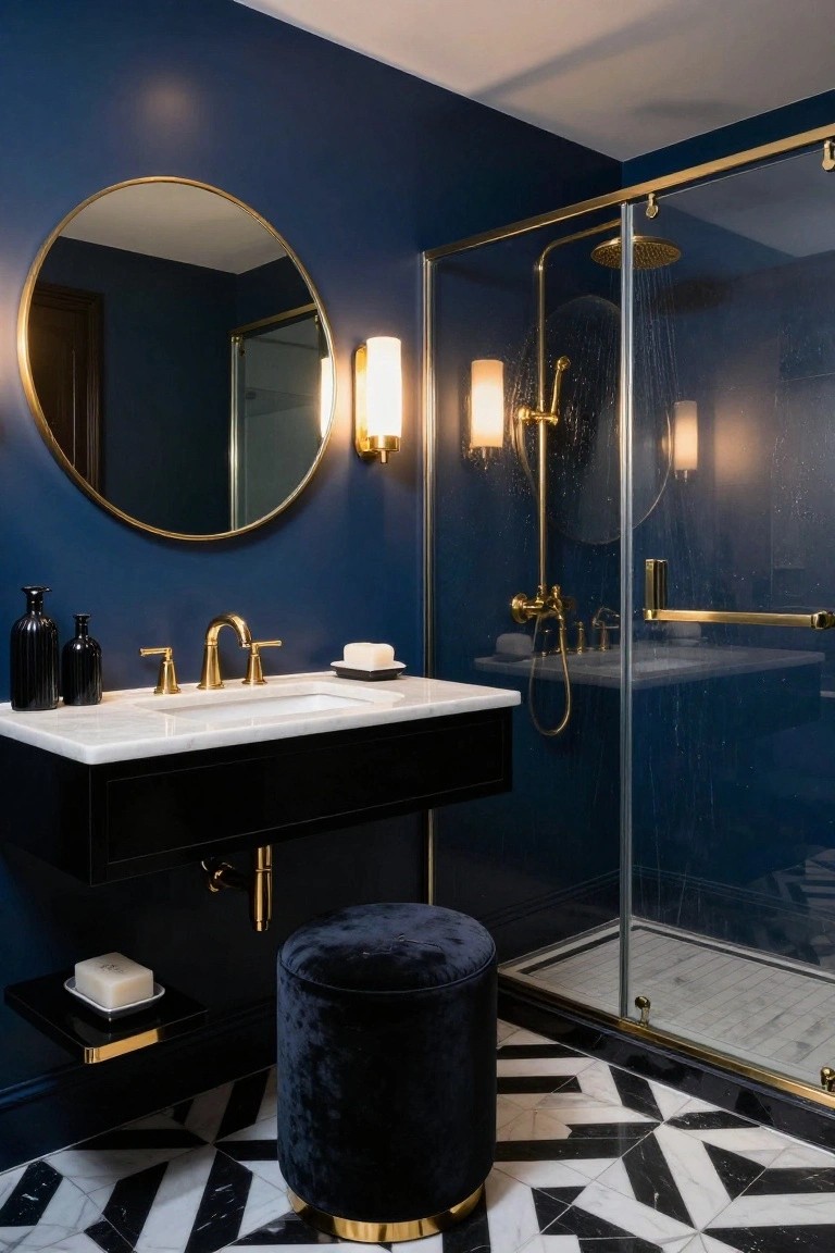 Deep navy walls in a bathroom with gold accents and a glass shower.