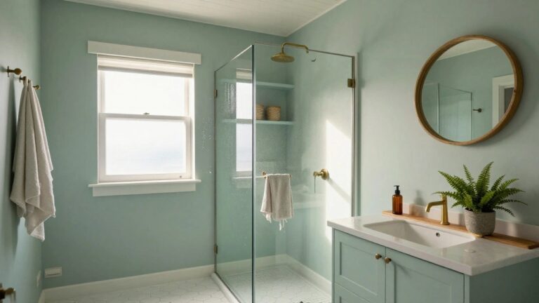 Pale sage green walls in a compact bathroom with brass fixtures and a glass shower.