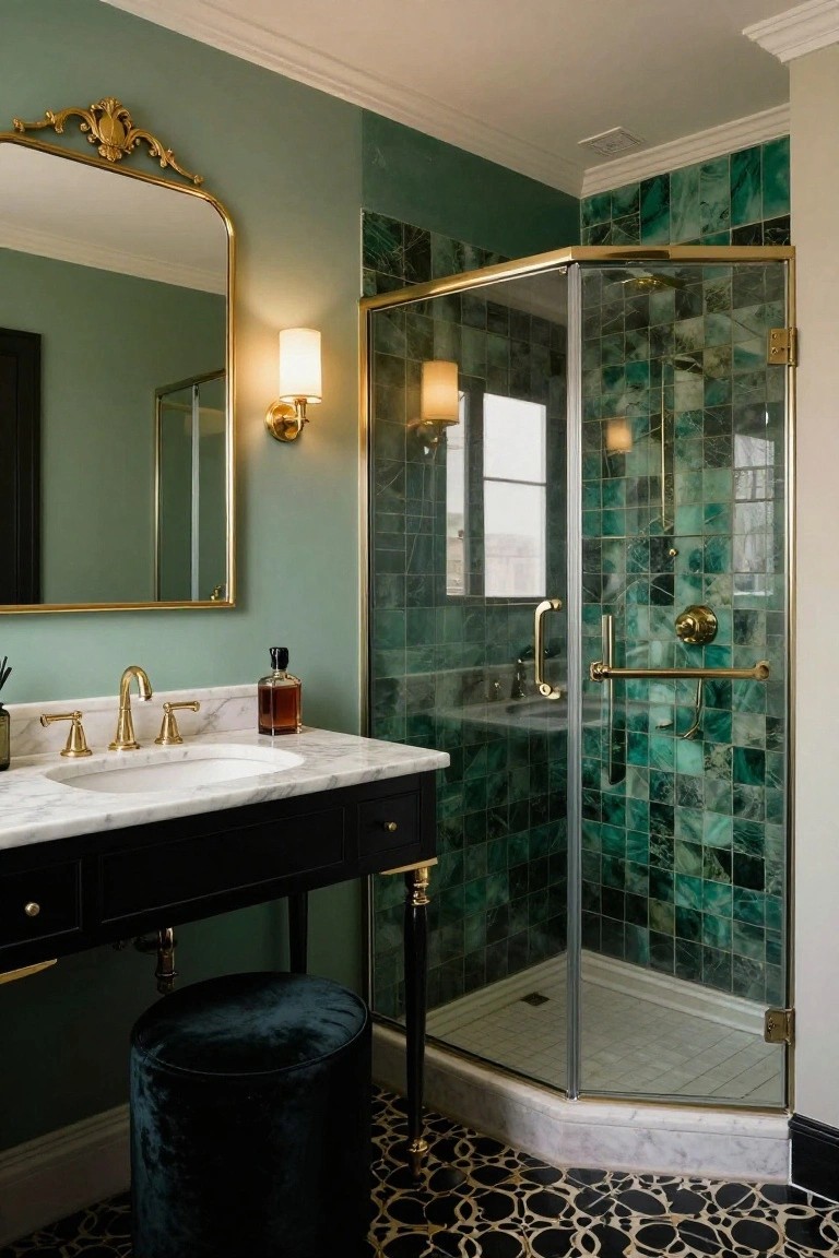 Bathroom featuring pale green walls with a black vanity and glass shower enclosed in green tiles.