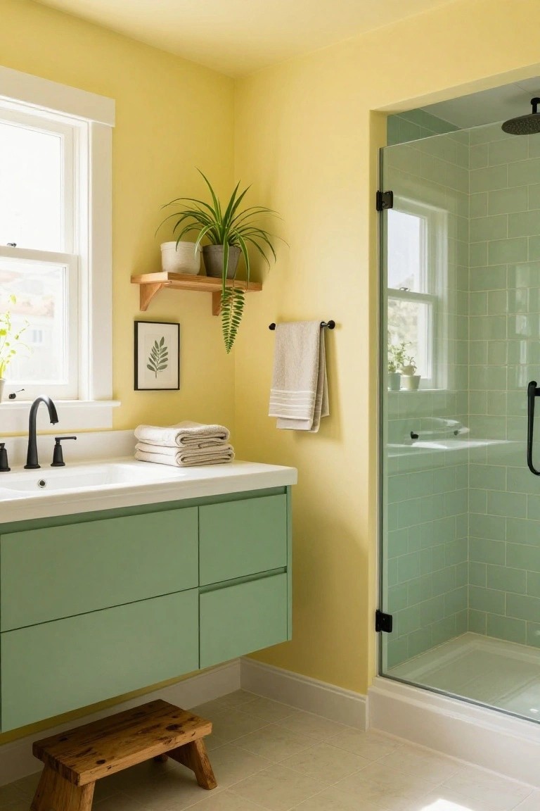 Pale yellow walls surrounding a mint green vanity and glass shower in a cozy bathroom.