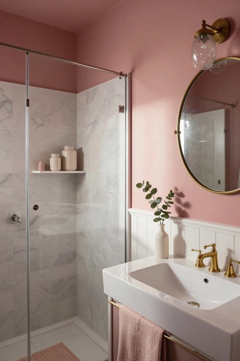 Bathroom with blush pink walls and ceiling, glass shower with marble tile, and gold accents around the white sink.