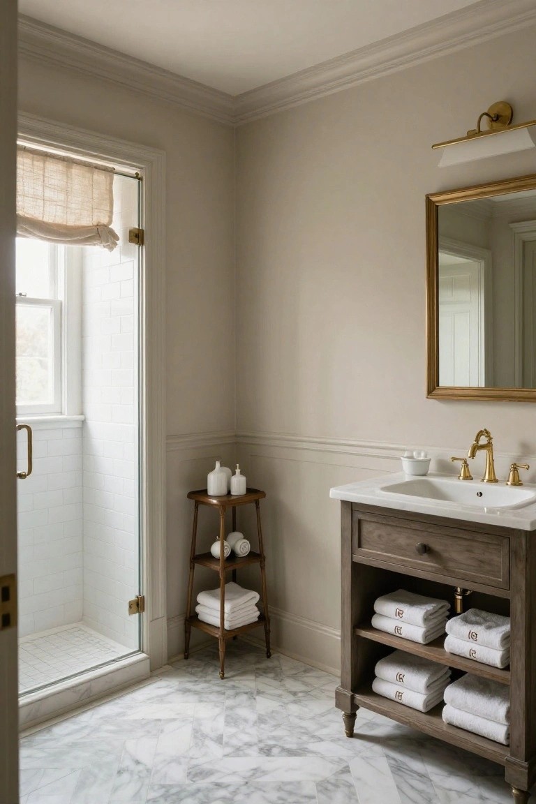Bathroom corner with soft greige walls, wood vanity, and glass shower enclosure.