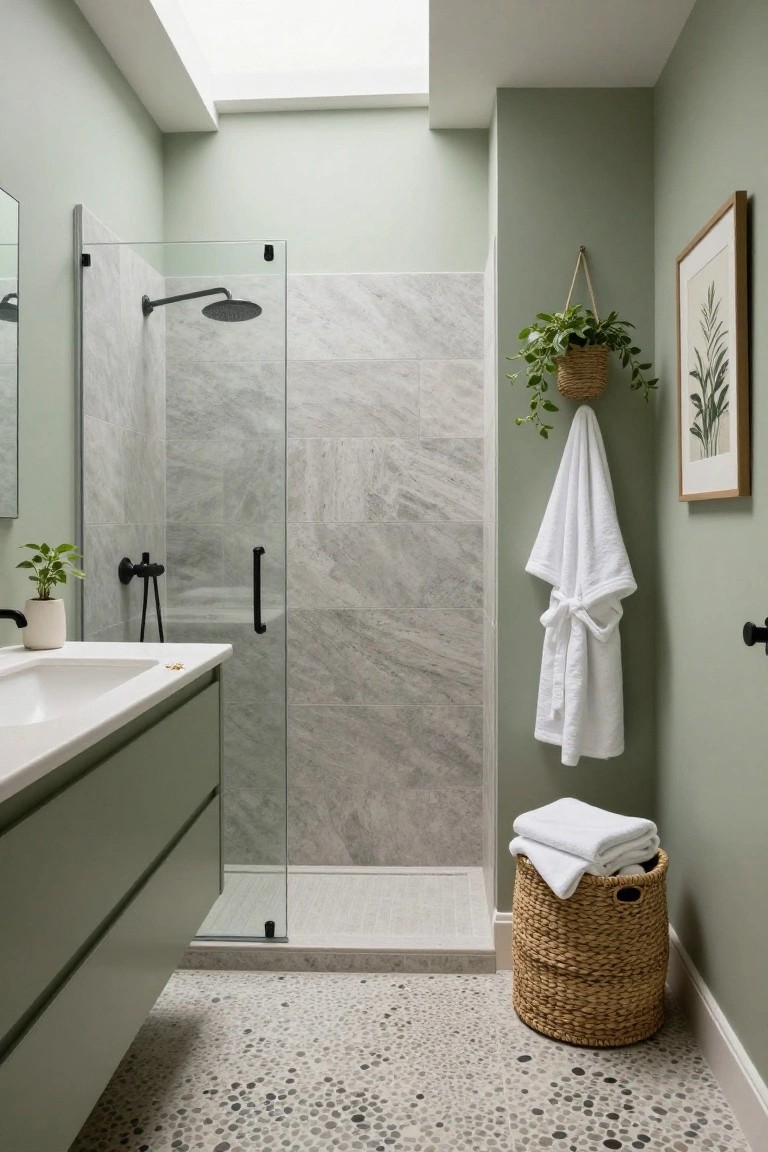 Bathroom featuring soft sage green walls with a glass shower enclosure and green vanity.