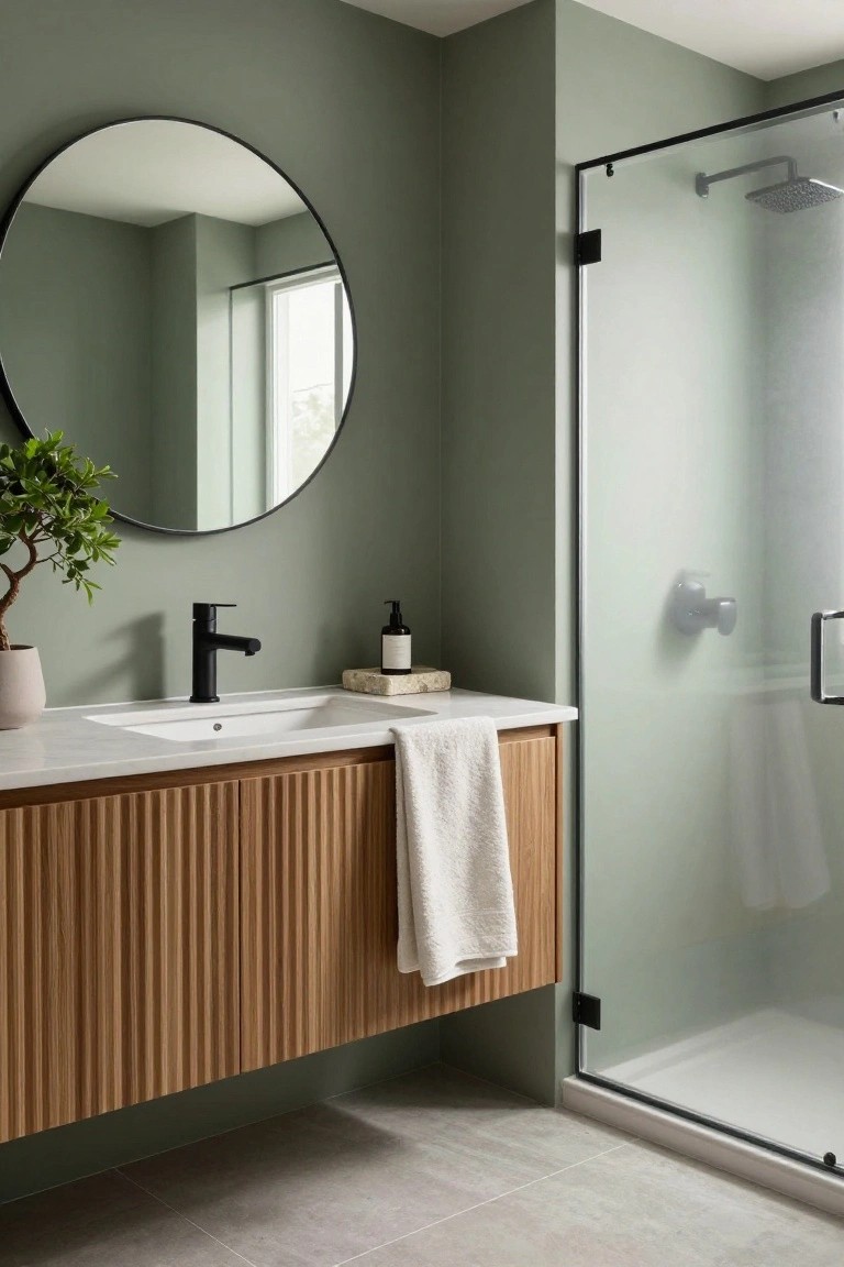 Bathroom with soft sage green walls, round black-framed mirror, and wooden vanity by glass shower