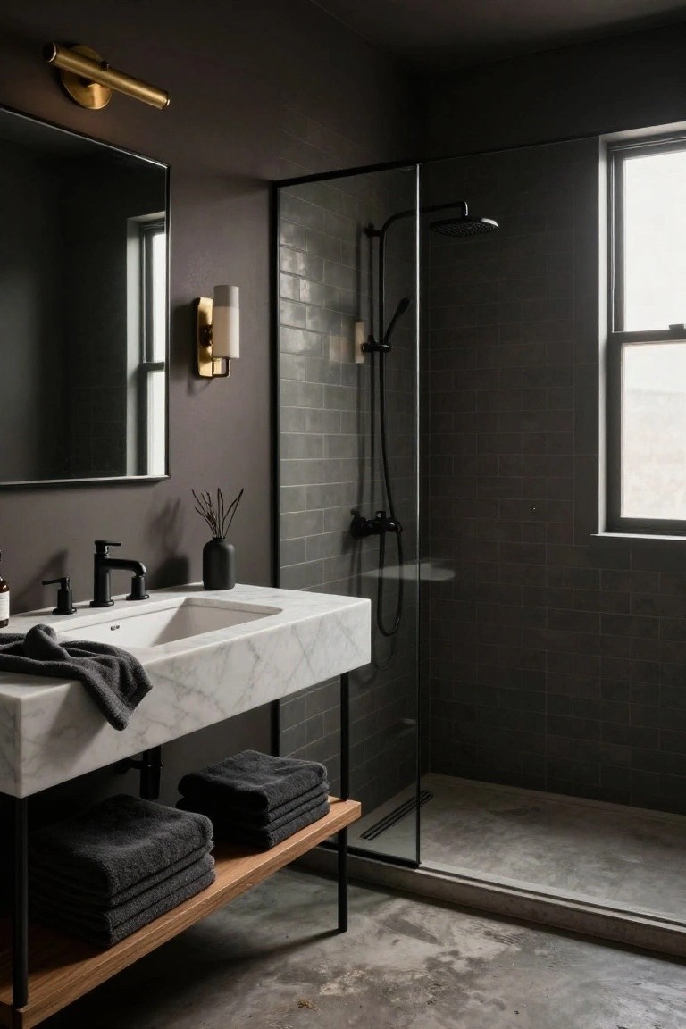 Dark charcoal gray walls in a sleek bathroom with floating marble vanity and glass shower