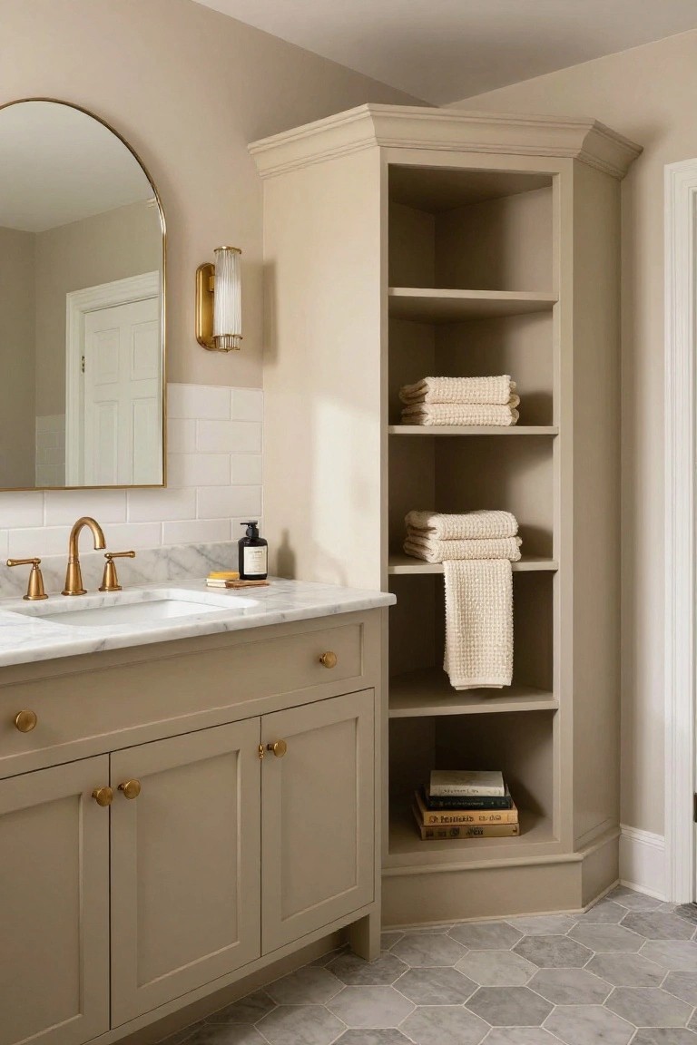 Bathroom vanity and corner cabinet in warm greige with gold hardware.