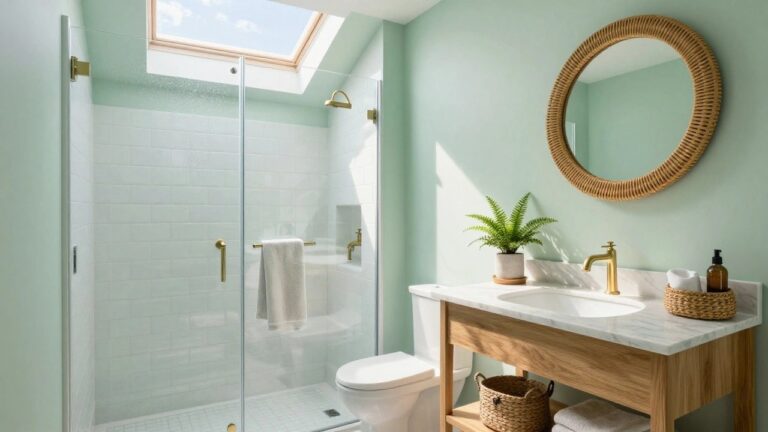 Bathroom walls painted soft sage green next to a white subway tile shower and oak vanity.