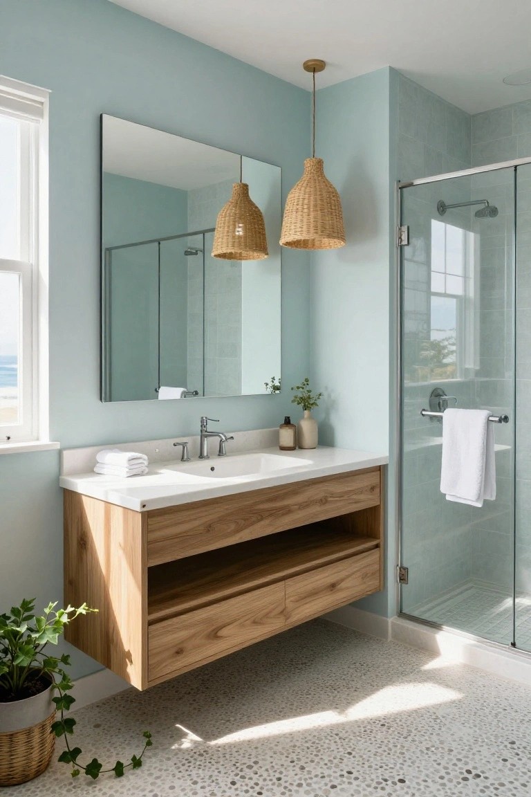 Pale blue walls in a bathroom with wood vanity, glass shower, and woven pendant lights.