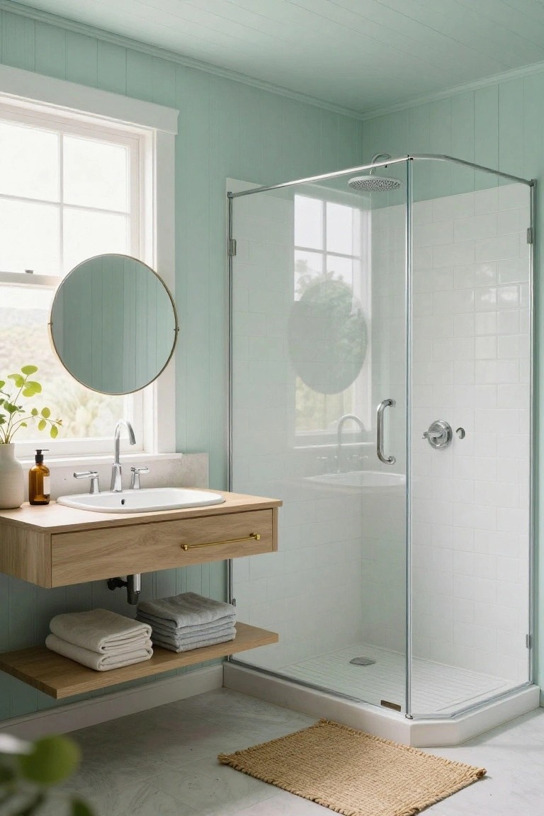 Bathroom featuring pale green walls next to a floating oak vanity and glass shower enclosure