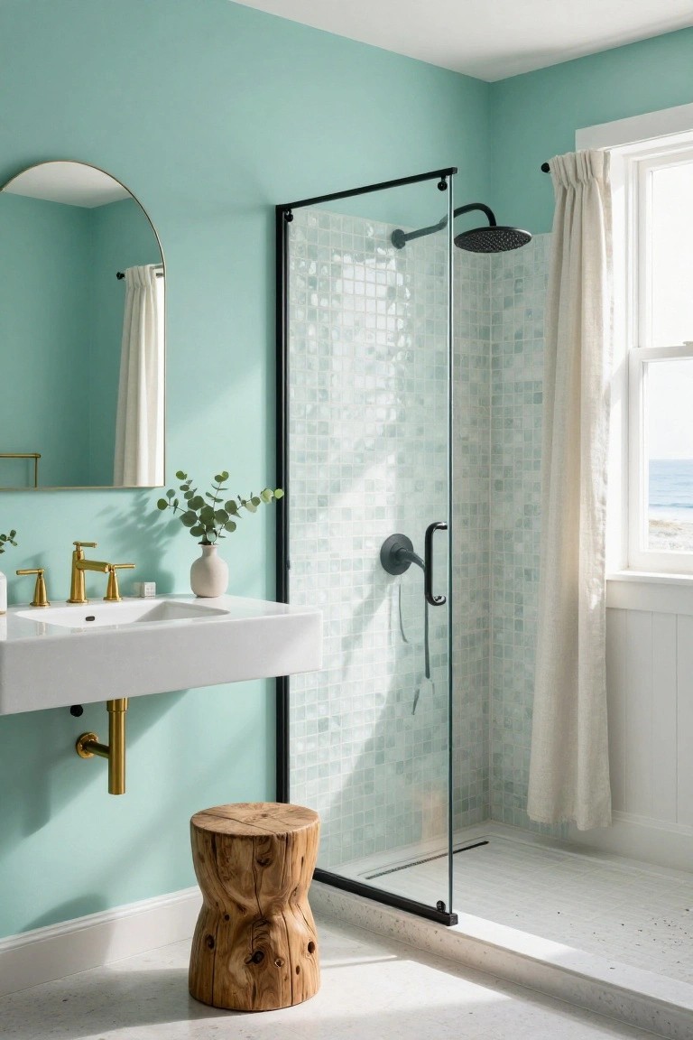 Bathroom with soft aqua walls, gold fixtures on a white vanity, and a glass shower enclosure.