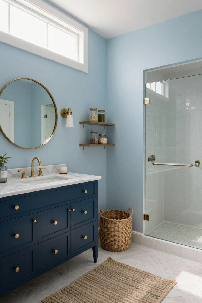 Pale blue walls in a bathroom with navy vanity and glass shower