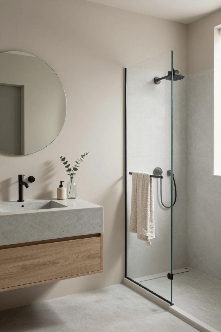 Bathroom featuring soft greige walls with a wood vanity and glass shower enclosure.