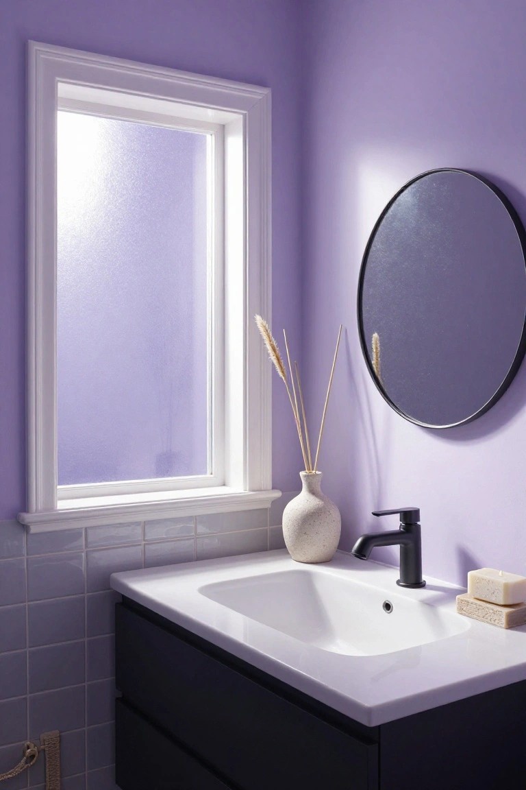 Pale lavender walls surrounding a white bathroom sink and black faucet.