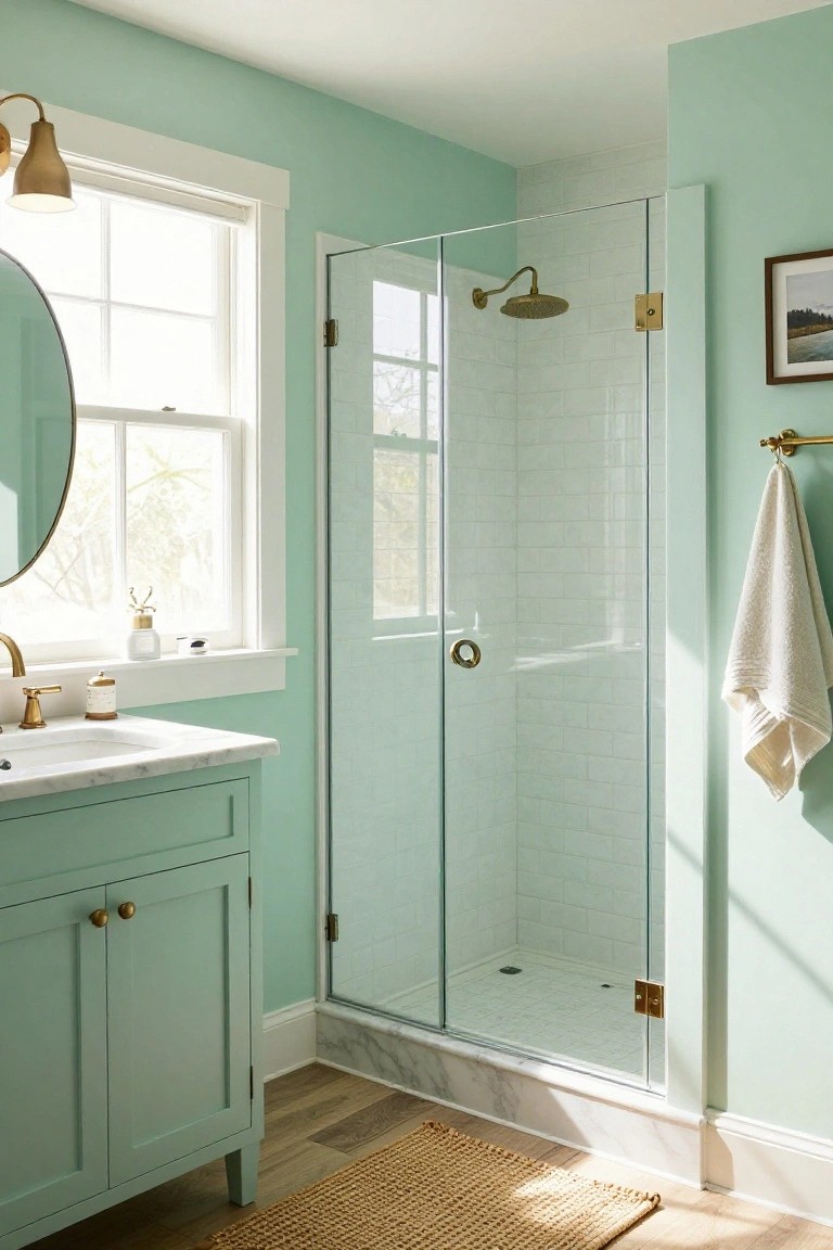 Bathroom featuring soft mint green walls and matching vanity beside a glass shower.