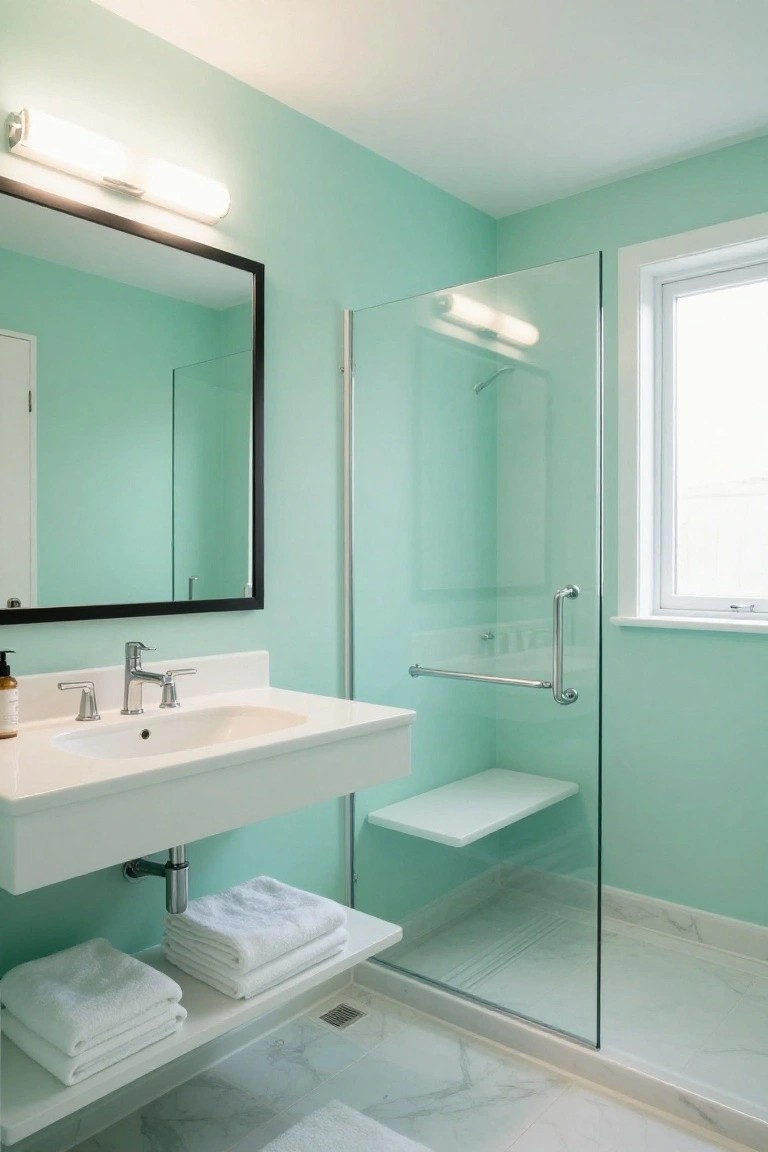 Light mint green walls surrounding a white vanity and glass shower in a compact bathroom.