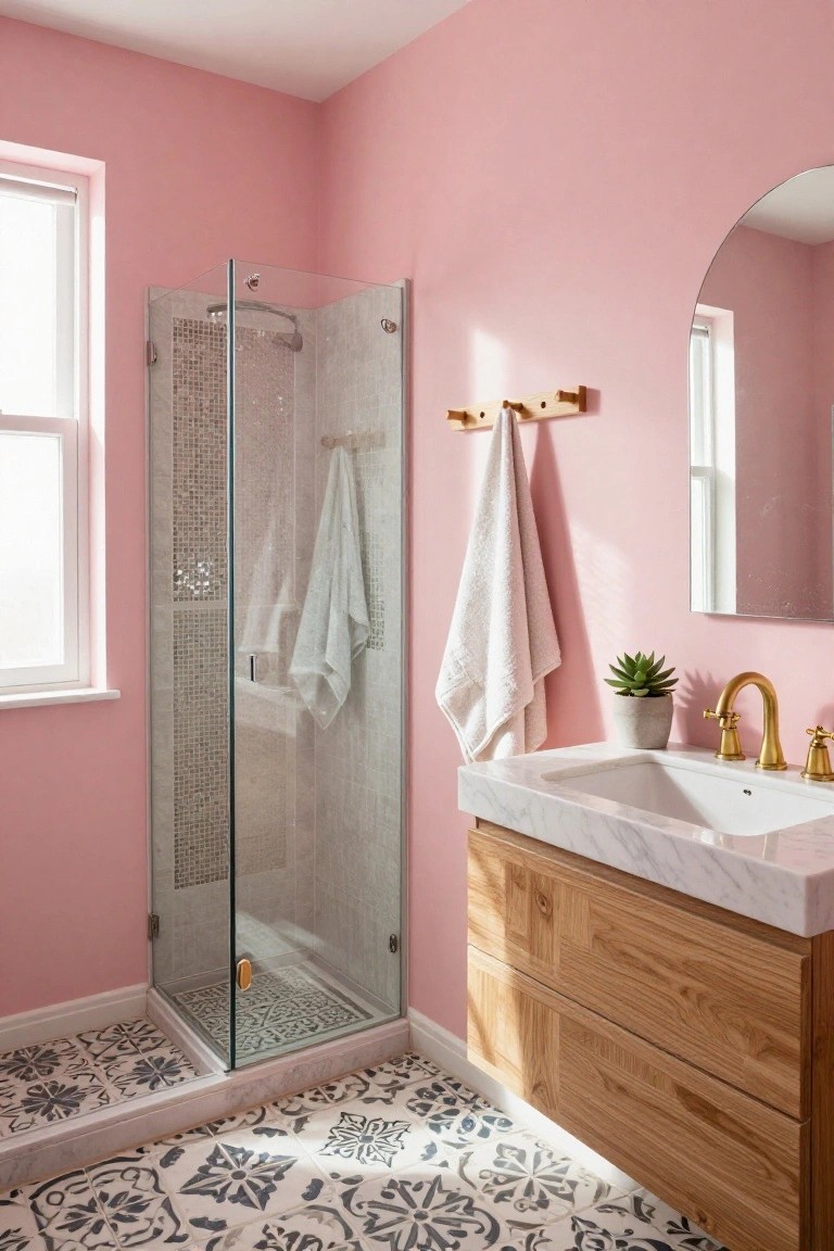Pink walls in a compact bathroom with glass shower enclosure and wooden vanity.