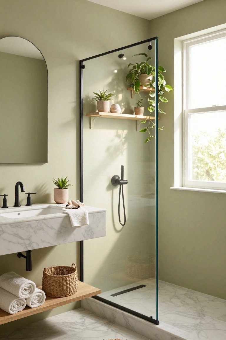 Bathroom with soft sage green walls, wood shelving, and glass shower.