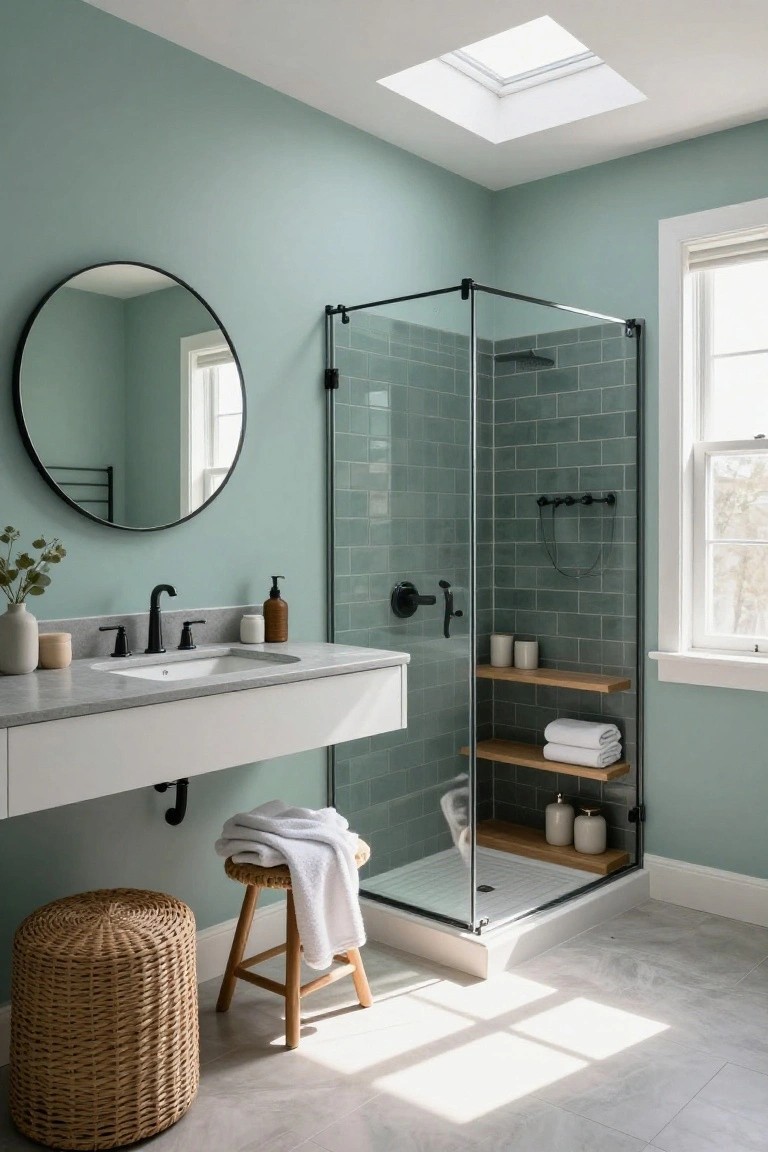 Bathroom walls painted soft teal with floating vanity and glass shower enclosure.