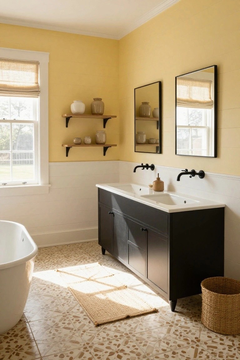 Pale yellow walls above white wainscoting in a bright bathroom with black vanity.