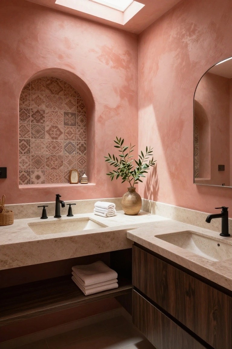 Bathroom with warm terracotta pink walls and arched tile niche above double sinks