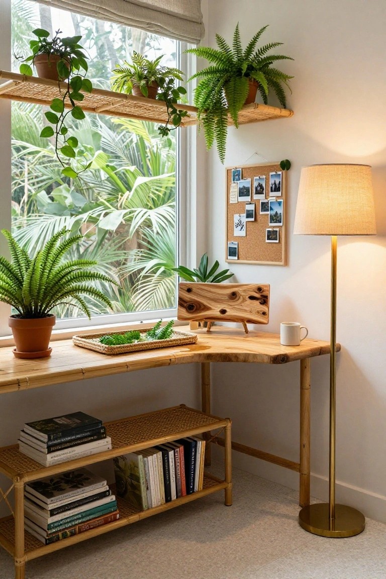 Corner home office with light wood L-shaped desk by large window, multiple potted plants on shelves and sill, books on rattan shelving unit, corkboard, lamp, and tropical plants visible outside.