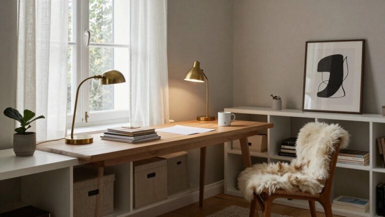Light-filled home office with oak desk, brass adjustable lamp, potted ficus plant, white shelving unit with beige fabric boxes and books, rattan chair topped with shearling, sheer curtains on window, neutral rug on wood floor