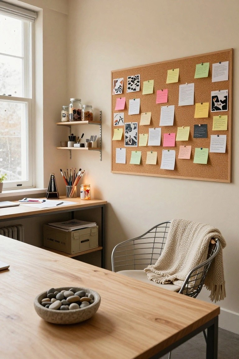 Home office with large corkboard wall covered in colorful sticky notes, drawings, and photos, wooden desk holding papers and art brushes, metal chair with cream throw blanket, shelves with jars, and window.