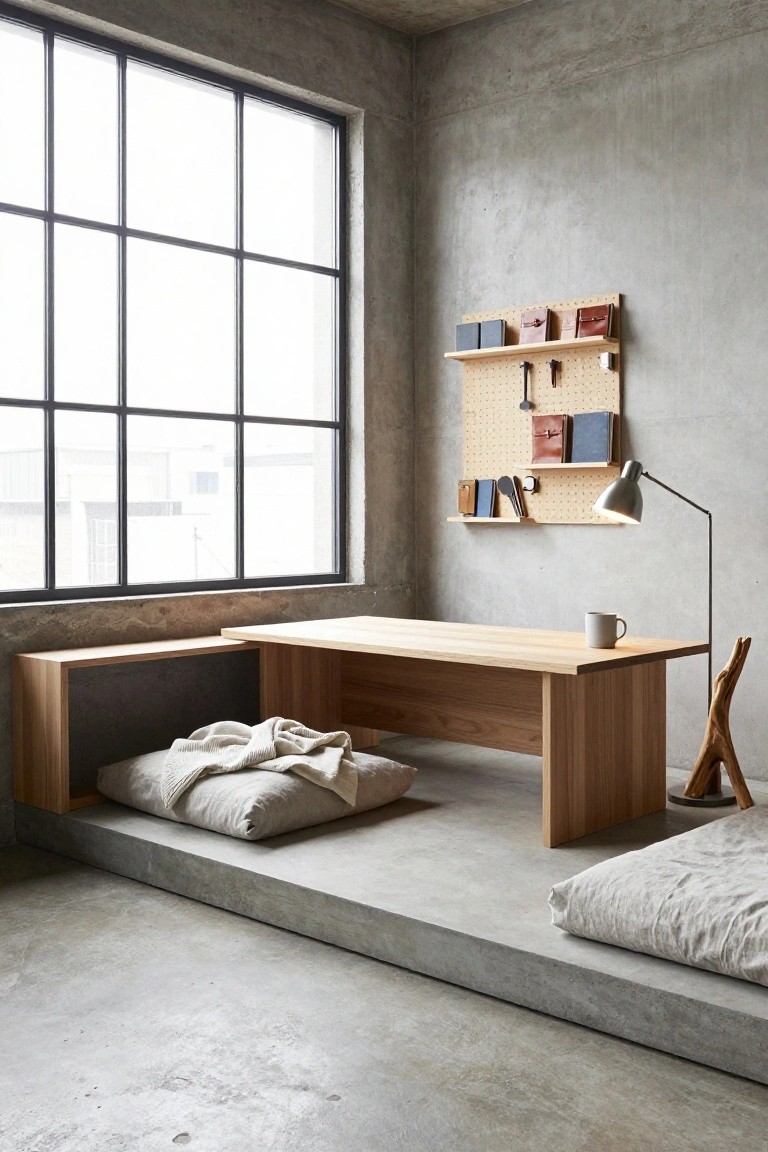 Minimalist office interior with low wooden desk on raised concrete platform, white floor cushions, wooden shelves on concrete wall, desk lamp, mug, and large multipane windows.