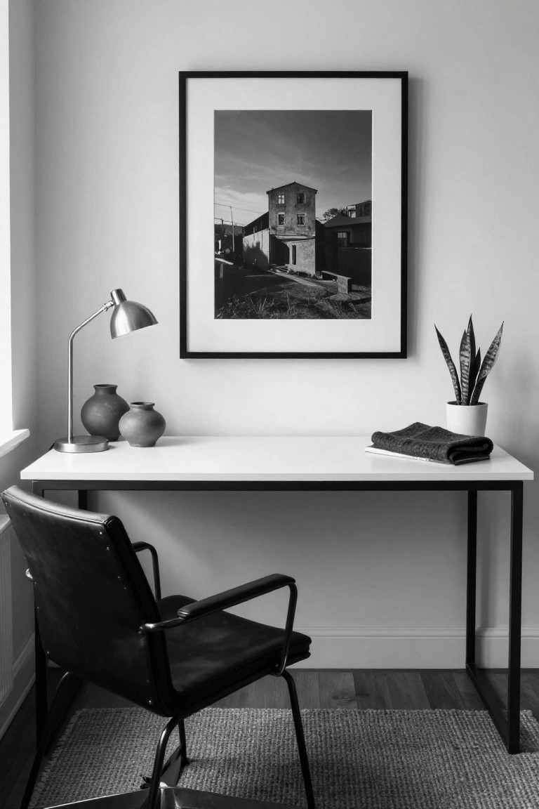 Black and white photo of a minimalist home office corner with a white desk on black metal legs, black leather armchair, adjustable desk lamp, two ceramic vases, folded gray cloth, potted snake plant, and framed black and white photo of industrial buildings on the wall.
