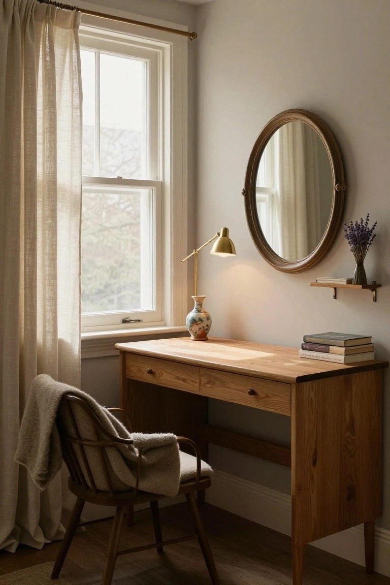 A light beige home office corner with a wooden desk topped by stacked books and a porcelain vase, rattan chair draped in a cream throw, gold desk lamp, round wood mirror on wall, shelf with lavender vase, and window with sheer linen curtains.