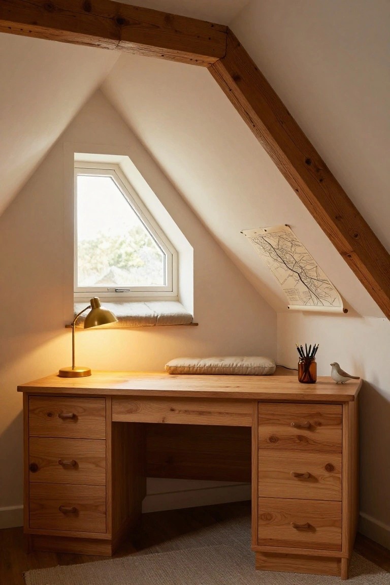 Wooden desk with drawers on both sides in a white attic room under exposed beams, with a gold desk lamp lit, beige pillows, jar of pens, small white bird figurine, and triangular window nearby.