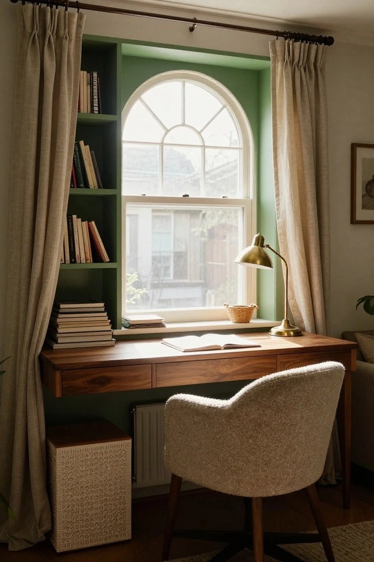 Cozy home office with sage green built-in bookshelves flanking an arched window, wooden desk topped with open books and brass lamp, beige linen curtains, woven stool, and radiator below.