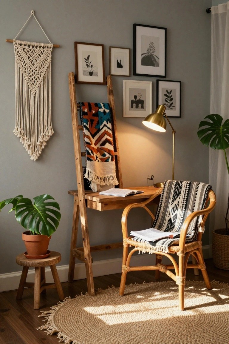 Cozy home office corner with wooden ladder desk holding open books, rattan chair draped in striped woven blanket, potted monstera plants, macrame wall hanging, assorted framed art, and gold desk lamp against light gray wall.