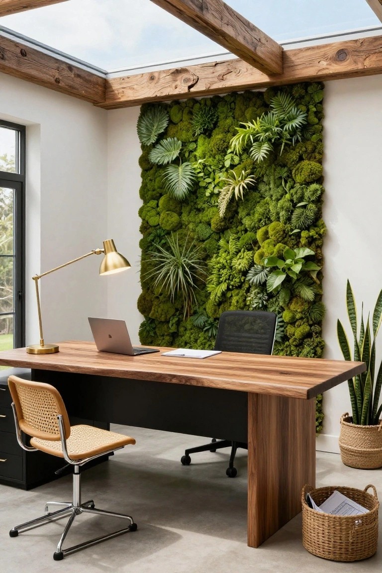 Modern home office with tall vertical moss and plant wall, wooden desk holding open laptop and papers, brass desk lamp, swivel chair, and potted plants on floor.