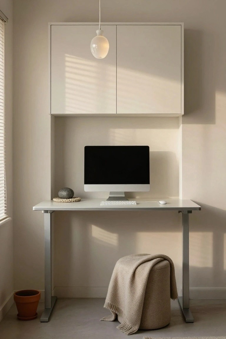 Minimalist beige home office featuring a white standing desk with iMac monitor, keyboard, mouse, woven coaster with gray pebble, overhead white floating cabinets, pendant lamp, empty terracotta pot, and beige ottoman with knit throw on a light wood floor.