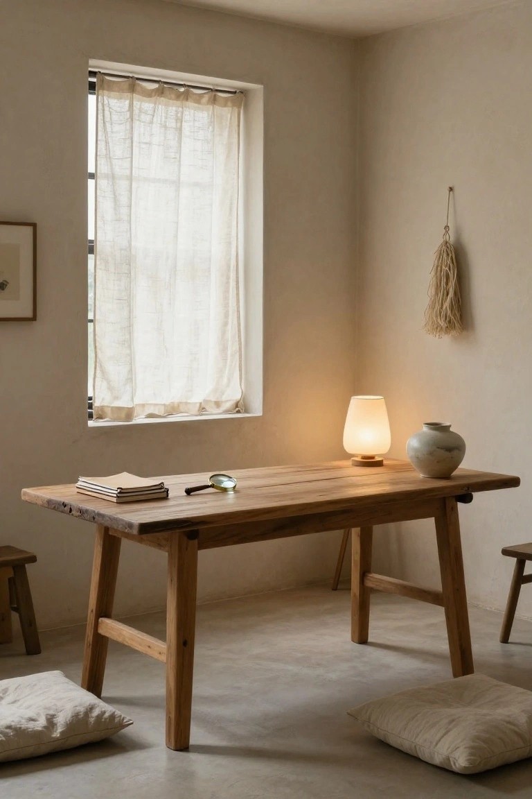 Light beige room corner with low rectangular wooden trestle table holding stacked notebooks, magnifying glass, fabric lamp, and ceramic vase, flanked by two low wooden stools and two beige floor cushions, sheer curtains on window, framed artwork, and tasseled wall hanging.